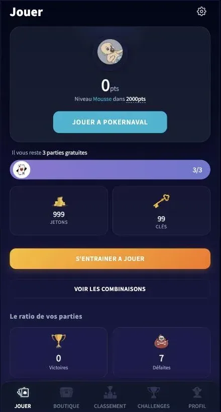 L’écran d’accueil de l’app : niveau, parties gratuites du jour, jetons et clés