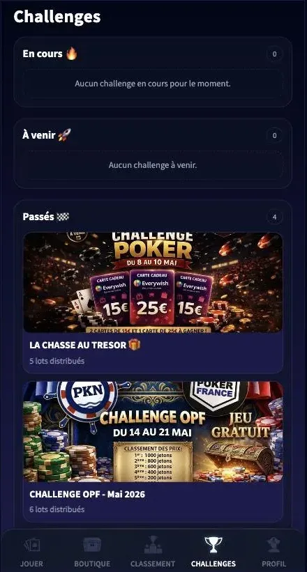 L’écran Challenges de l’app, avec les challenges passés et leurs lots
