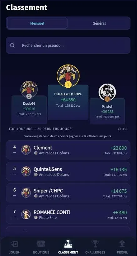 Le classement mensuel de l’app : podium et liste des joueurs avec leurs points